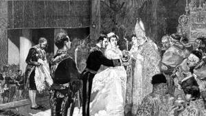 Grabado de 1878 del enlace matrimonial entre María de las Mercedes y Alfonso XII