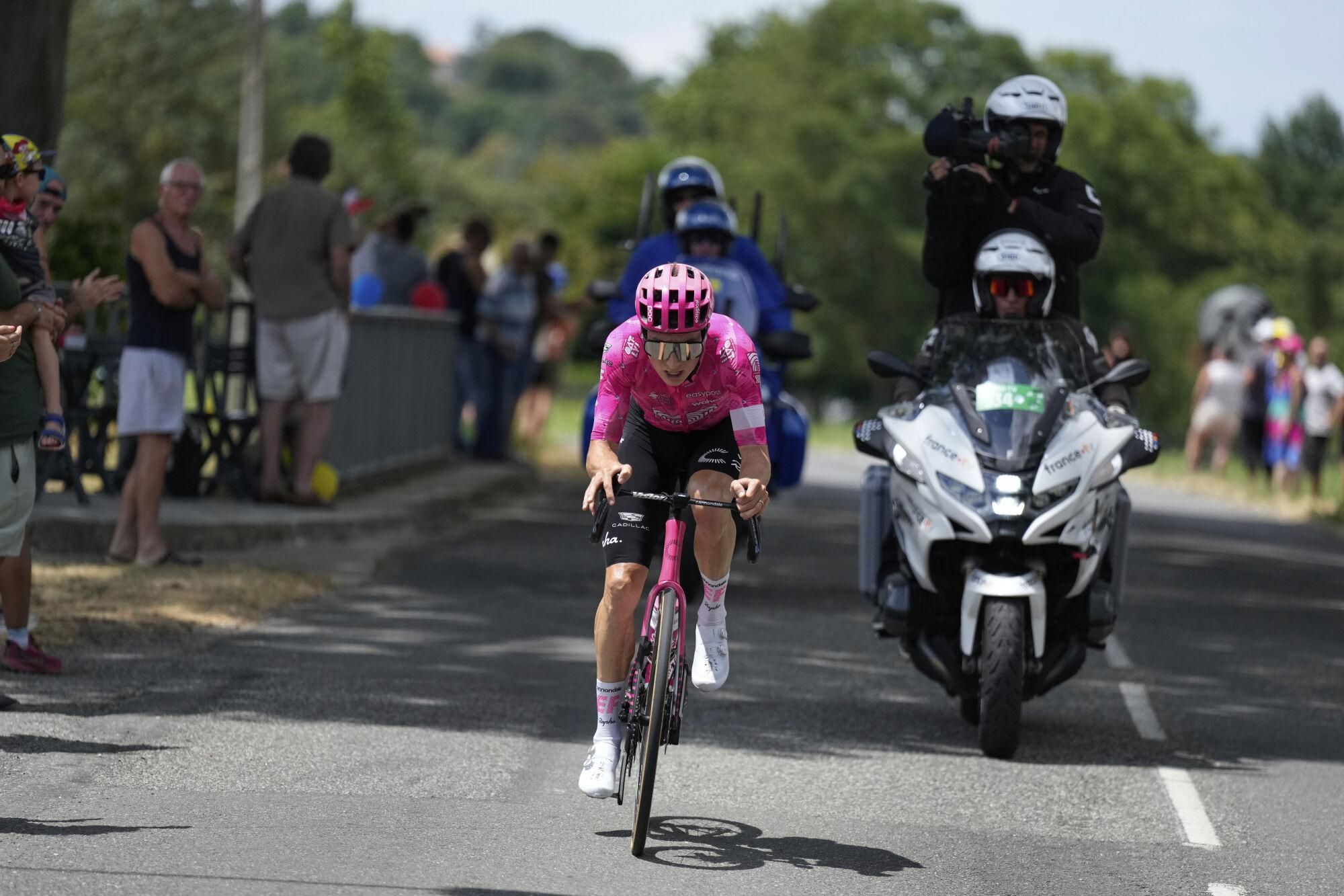 Neilson Powless of the U.S. rides breakaway during the fifteenth stage of the Tour de France cycling race over 169.3 kilometers (105.2 miles) with start in Muret and finish in Carcassone, France, Sunday, July 20, 2025. (AP Photo/Mosa'ab Elshamy)