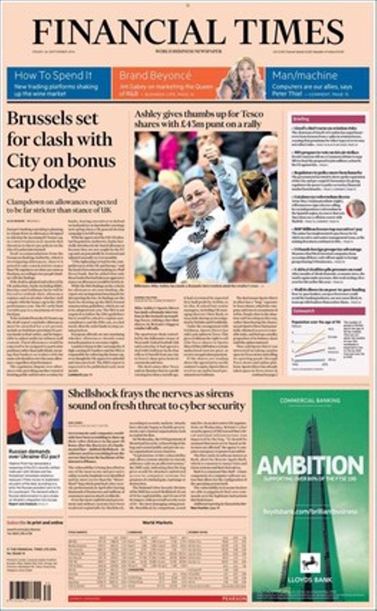 La portada del 'Financial Times', con la noticia de la consulta de Catalunya en el bloque de la derecha.