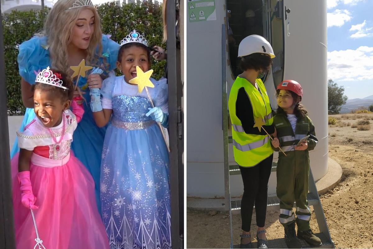 A la izq. Selena junto a su hermana convertidas en princesa. A la dcha. David cumple su sueño de concer un molino eólico.