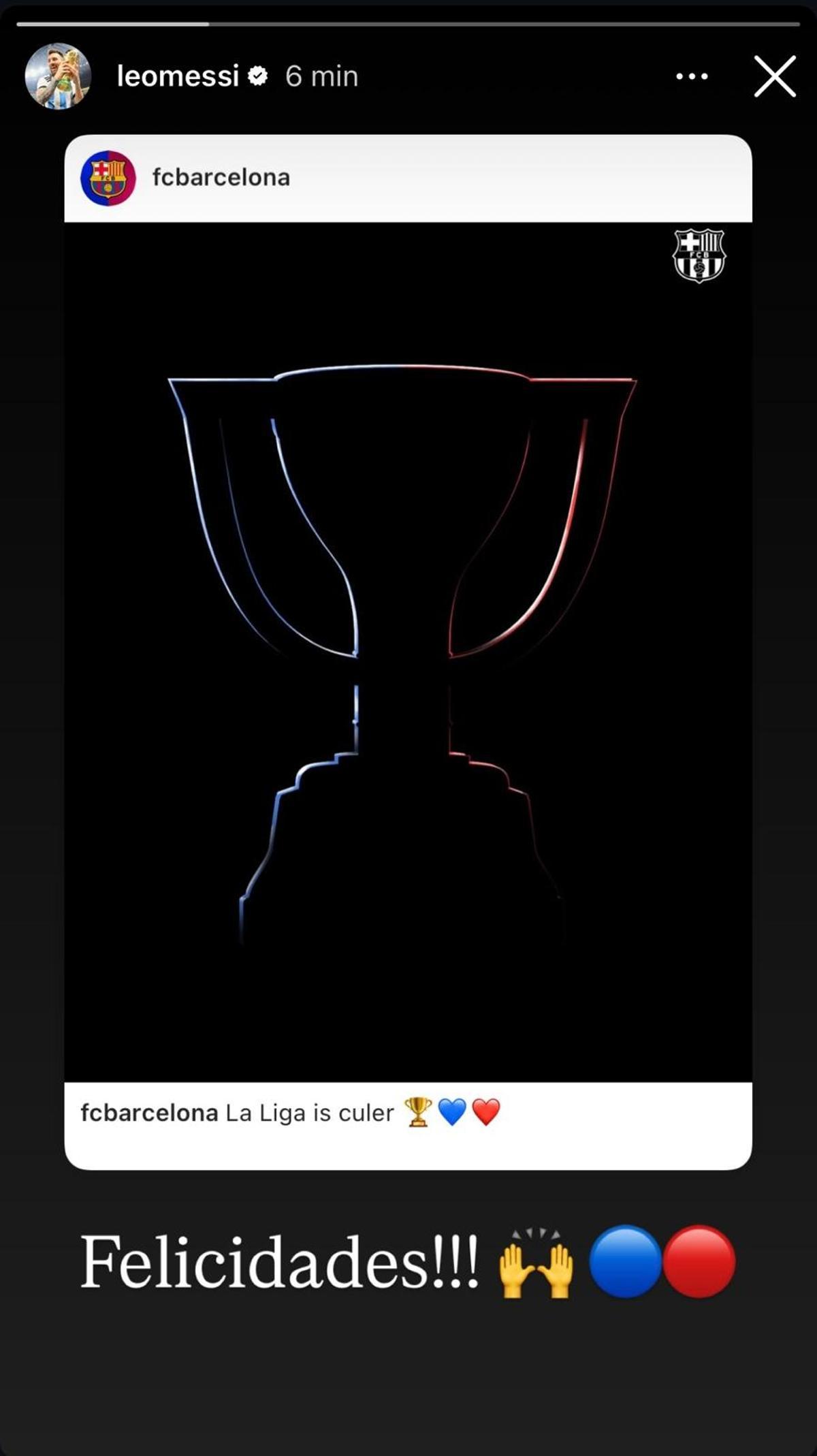 La felicitación de Leo Messi en su perfil de Instagram al Barça por la liga