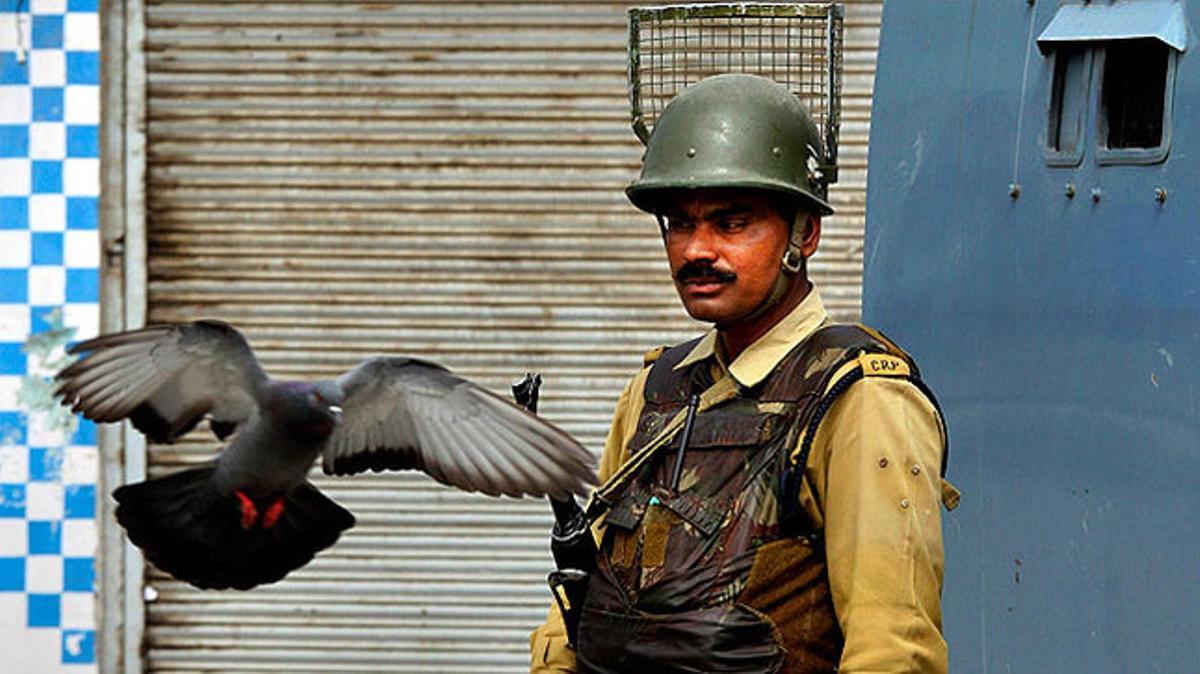 Un colom alça vol davant d’un soldat indi a la convulsionada ciutat de Srinagar. El moviment separatista local ha convocat una vaga general com a protesta a la visita del primer ministre, Manmohan Singh.