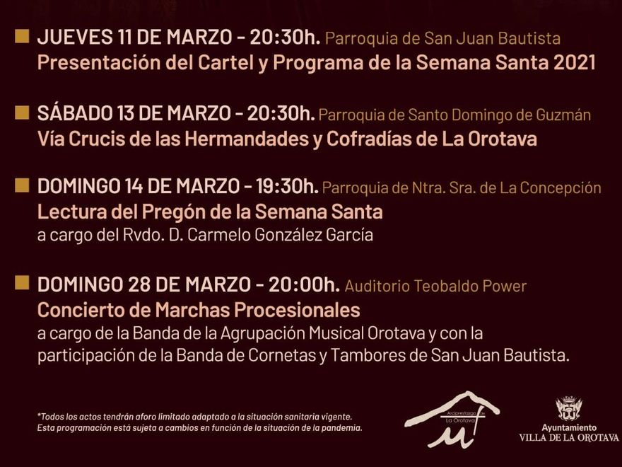 Cartel con los actos de la Semana Santa de 2021 en La Orotava