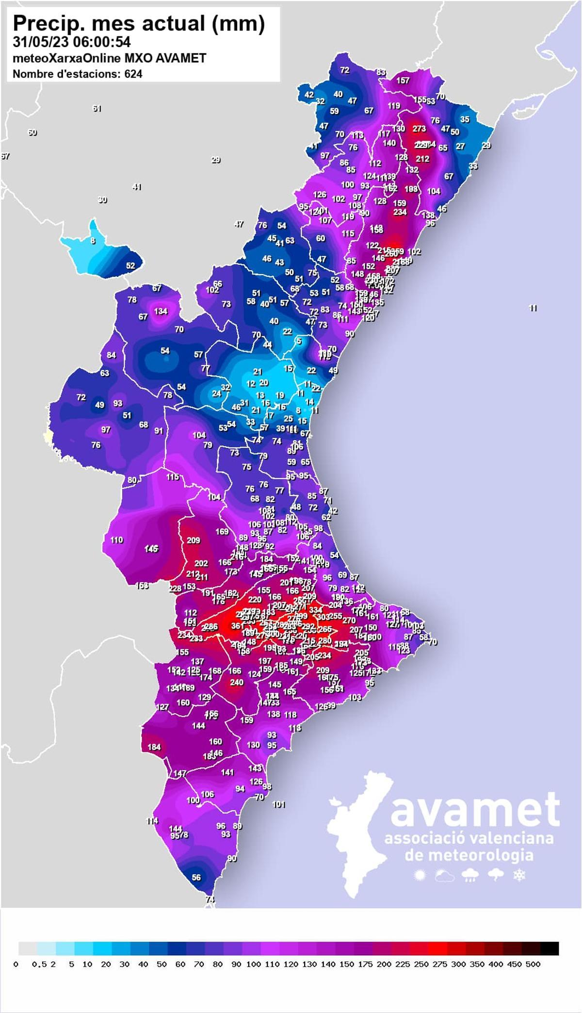 Mapa de precipitaciones de mayo de 2023 en la Comunidad Valenciana.