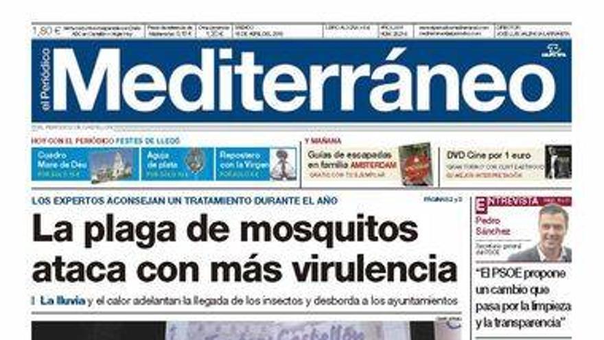 La plaga de mosquitos ataca con más virulencia, hoy en la portada de Mediterráneo