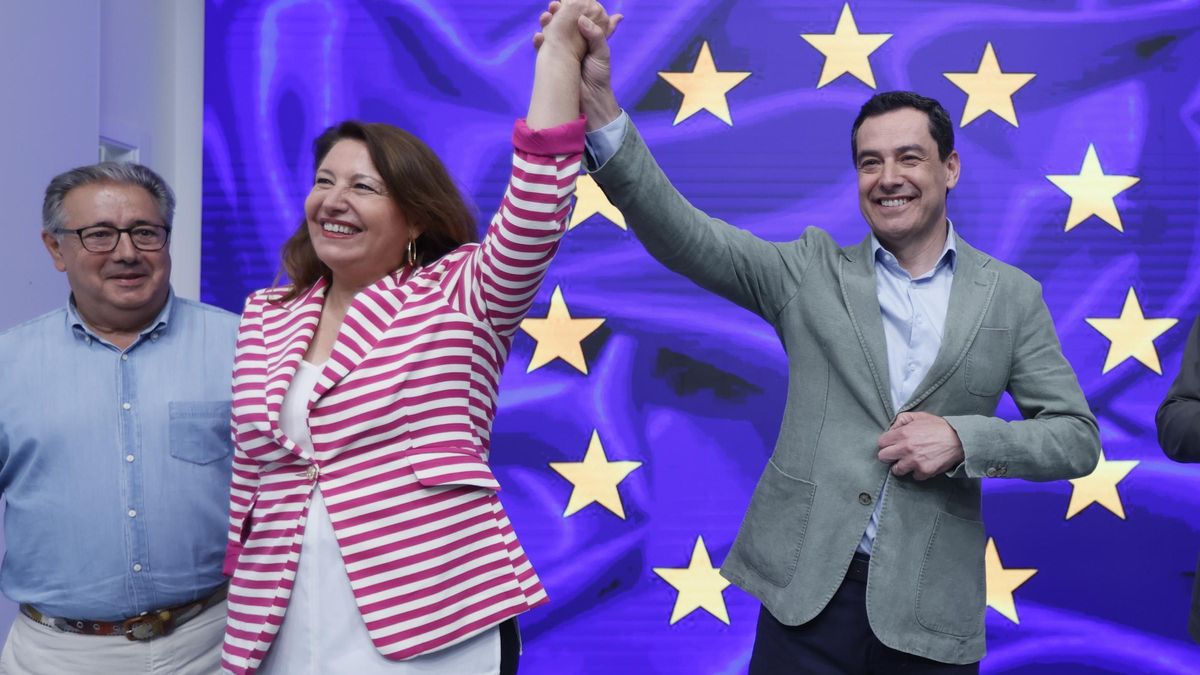 El PP celebra resultados electorales en Sevilla. Juan Ignacio Zoido, Carmen Crespo y Juanma Moreno.