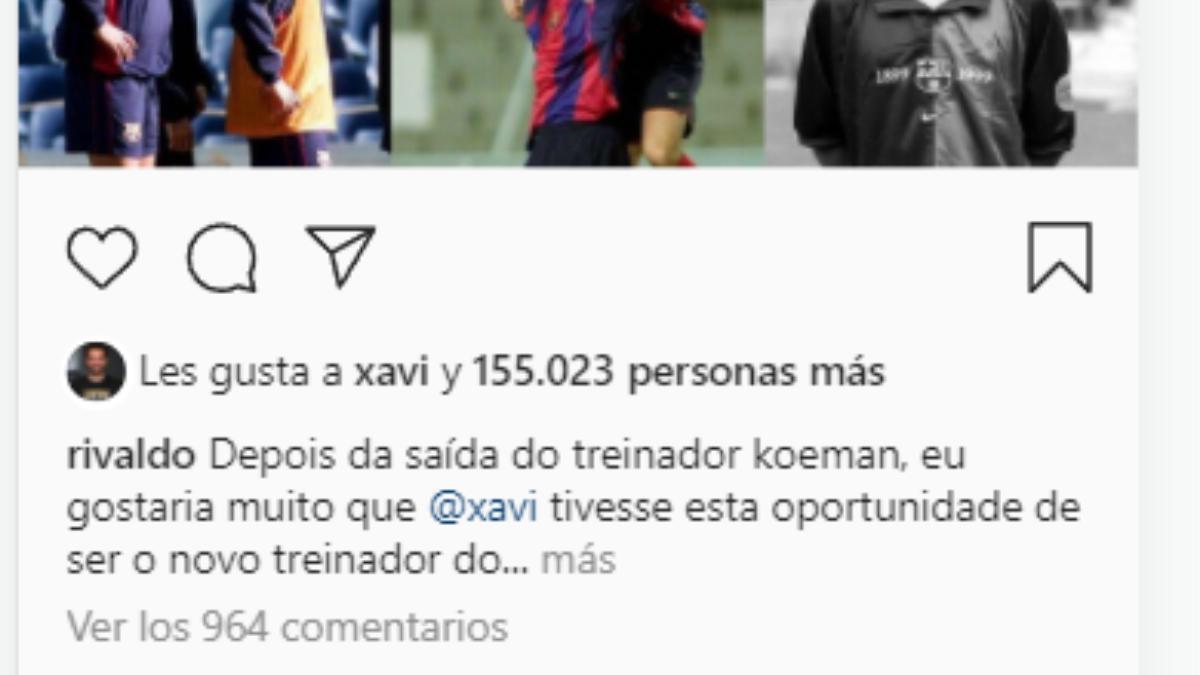 Xavi le da 'me gusta' a una publicación de Rivaldo pidiéndole como entrenador