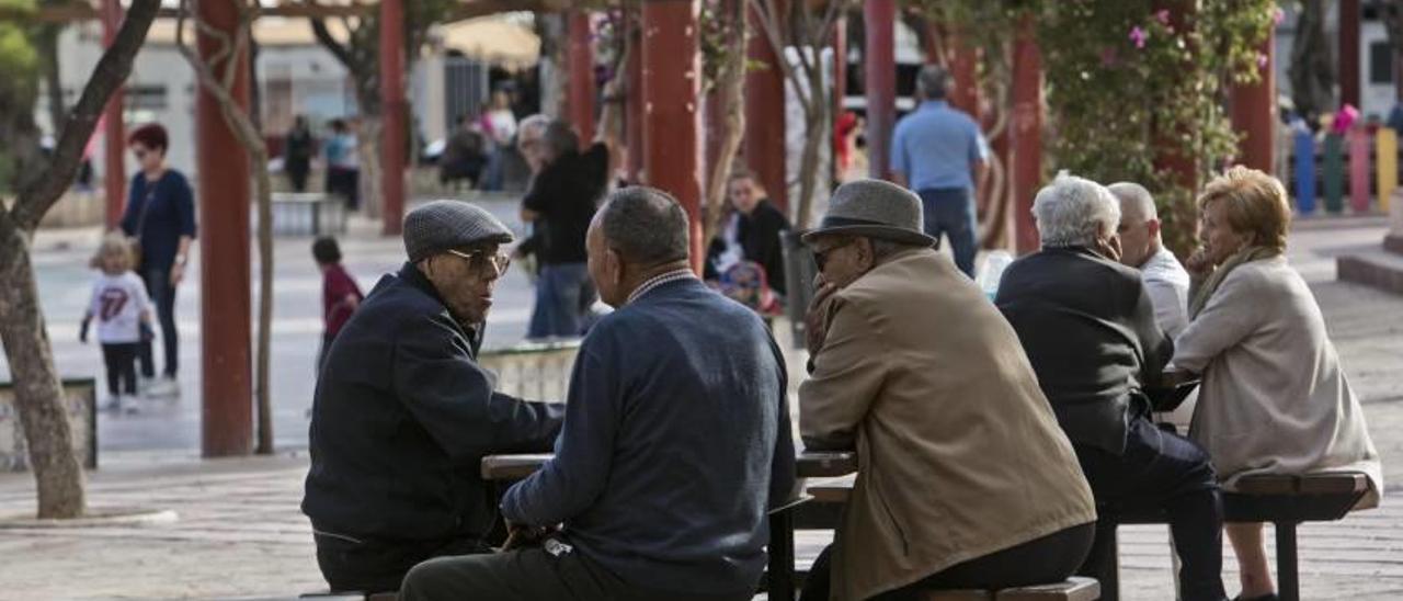 Un grupo de jubilados reunidos en un parque de Elche.