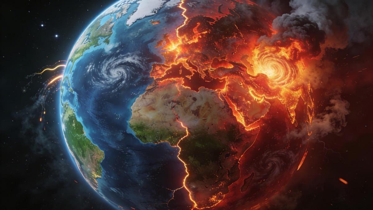 La Tierra vista desde el espacio, con una mitad aún reconocible y otra devorada por incendios, humo y tormentas: una metáfora visual del riesgo de cruzar umbrales climáticos que pueden desencadenar cambios difíciles de frenar.