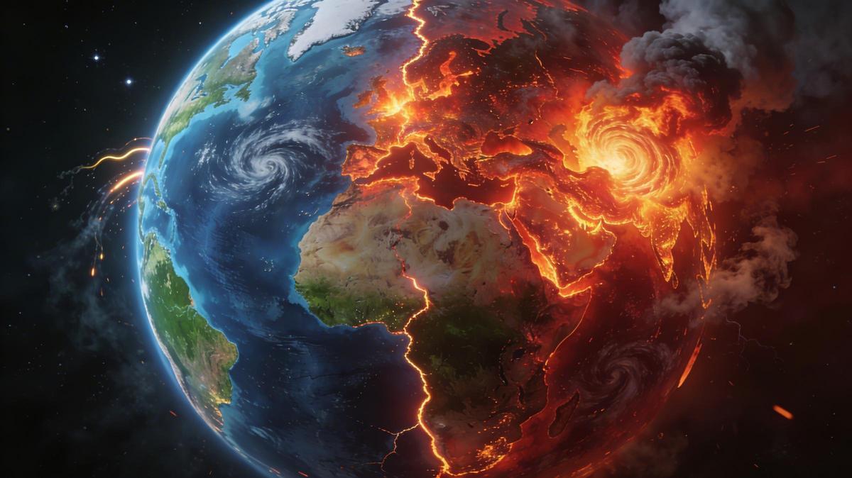 La Tierra vista desde el espacio, con una mitad aún reconocible y otra devorada por incendios, humo y tormentas: una metáfora visual del riesgo de cruzar umbrales climáticos que pueden desencadenar cambios difíciles de frenar.