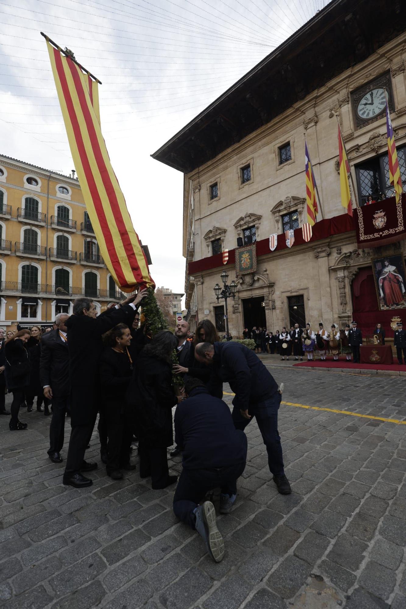 La plaza de Cort de Palma luce ya el estandarte del Rei en Jaume y la Cimera del Rei Martí