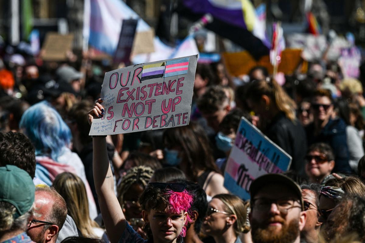 Protesters rally for trans rights following a Supreme Court ruling that only biological women are recognised under Britains Equality Act, in London, Britain, April 19, 2025. REUTERS/Chris J Ratcliffe