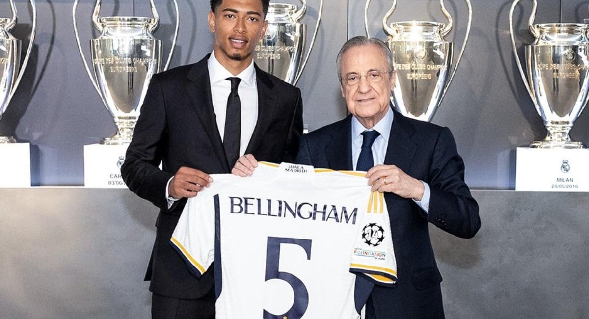 Bellingham y Florentino Pérez posan en el Bernabéu.