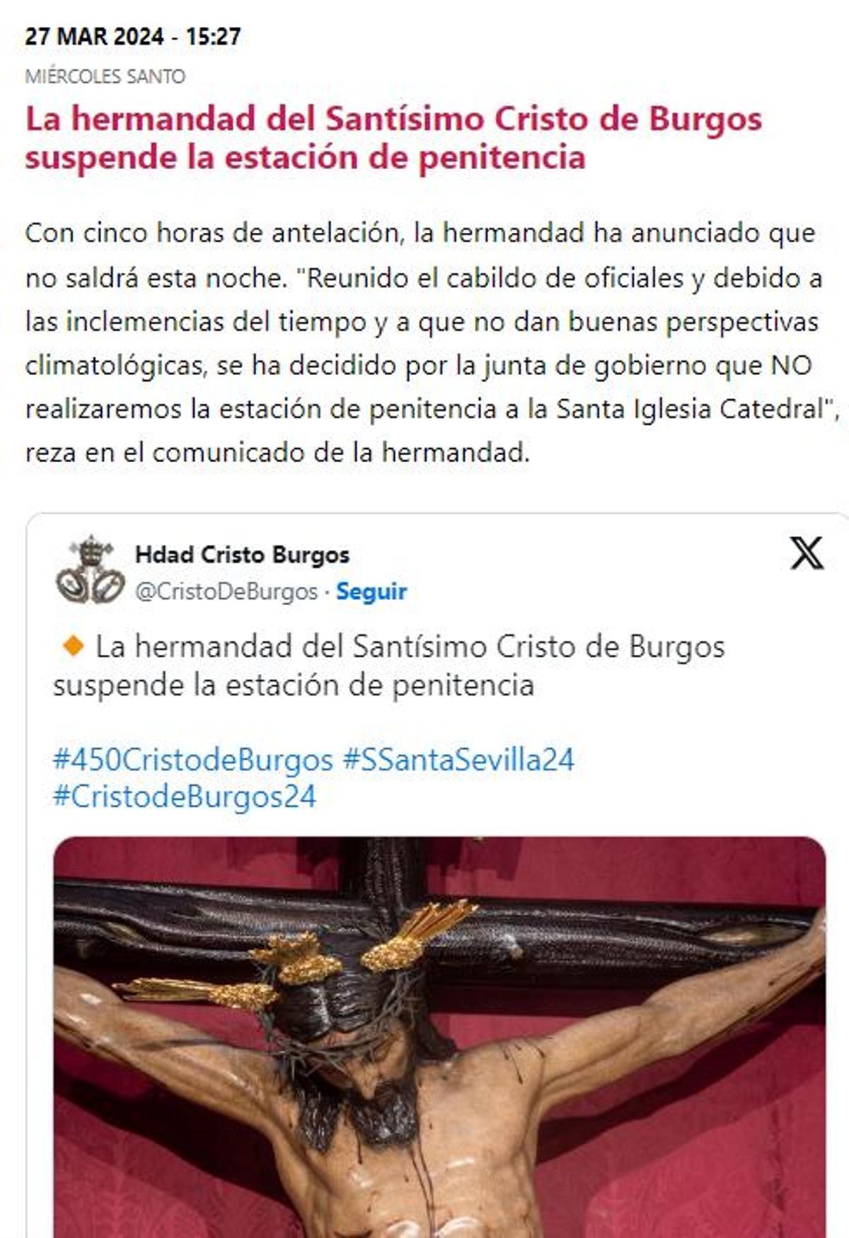 El Cristo de Burgos suspende su Estación de Penitencia