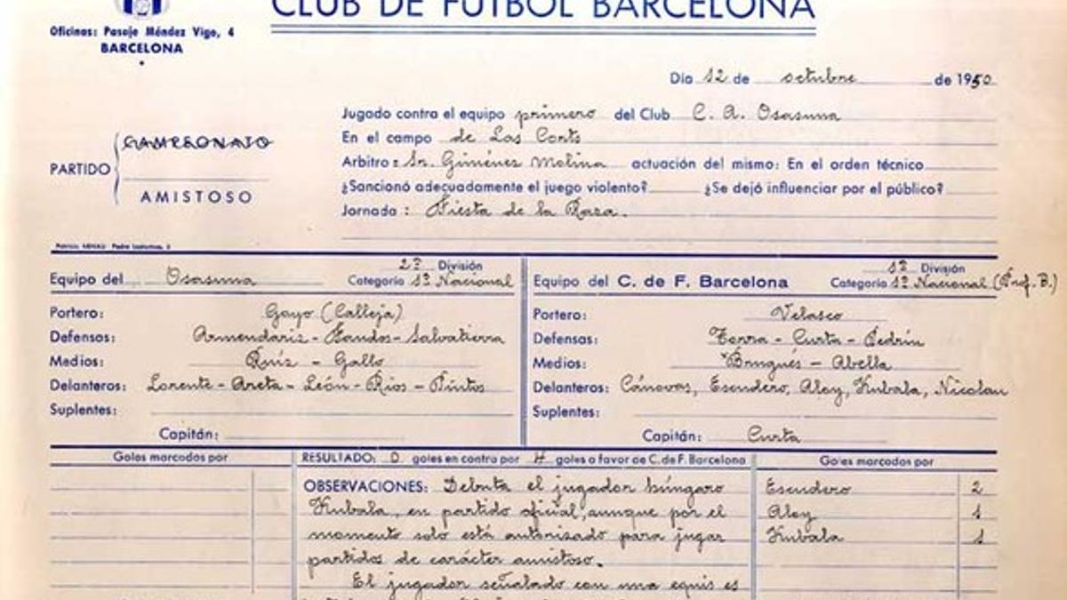 Esta es el acta del partido en el que debutó Kubala y que se conserva en el Centre d'Estudis i Documentació del FC Barcelona