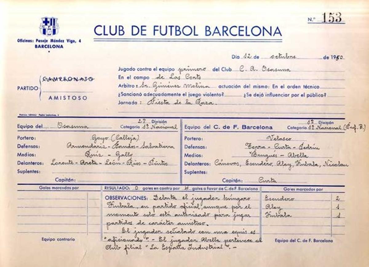 Esta es el acta del partido en el que debutó Kubala y que se conserva en el Centre d'Estudis i Documentació del FC Barcelona