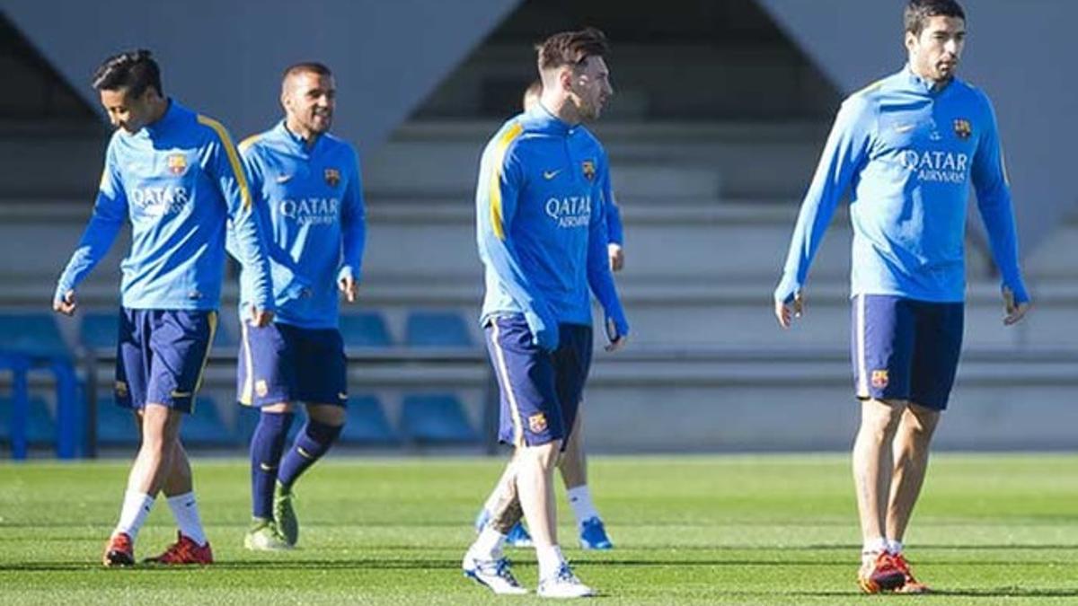 Messi, Suárez, Paik y Juanma durante el entrenamiento del Barça
