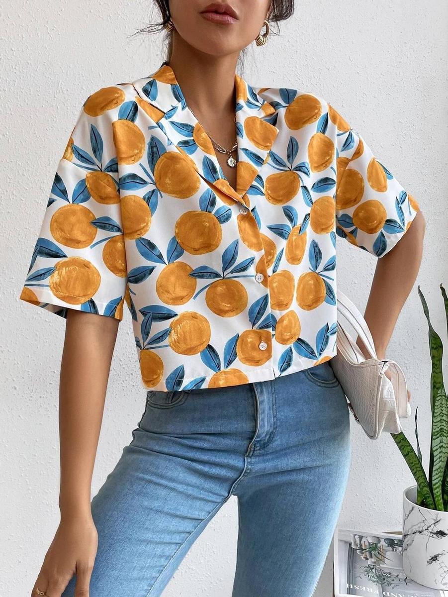 Blusa con estampado de fruta de cuello con solapa de hombros caídos
