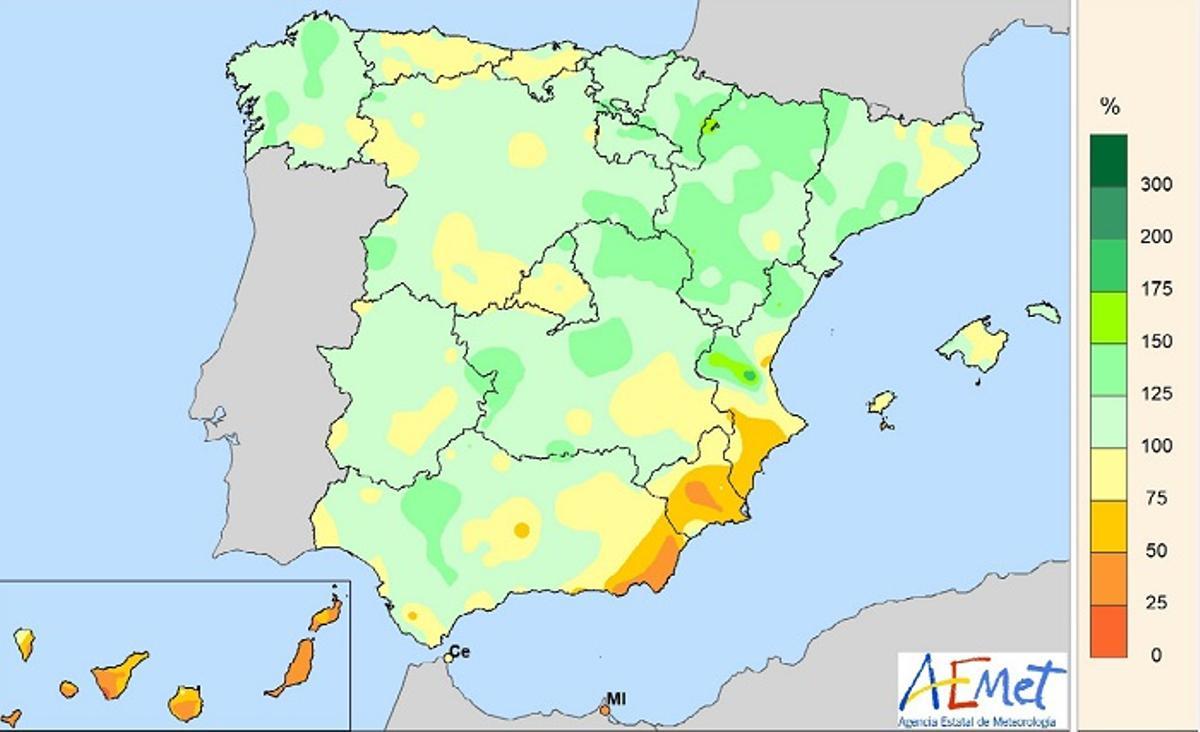 Porcentaje de precipitación respecto al valor normal del período 1961-2020.