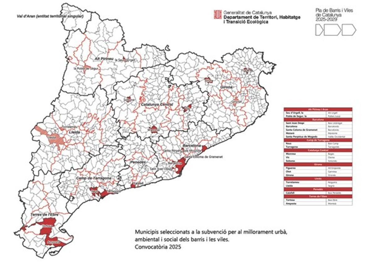 Mapa de la Generalitat amb els municipis seleccionats a la primera convocatòria (2025) del Pla de Barris i Viles 2025-2029