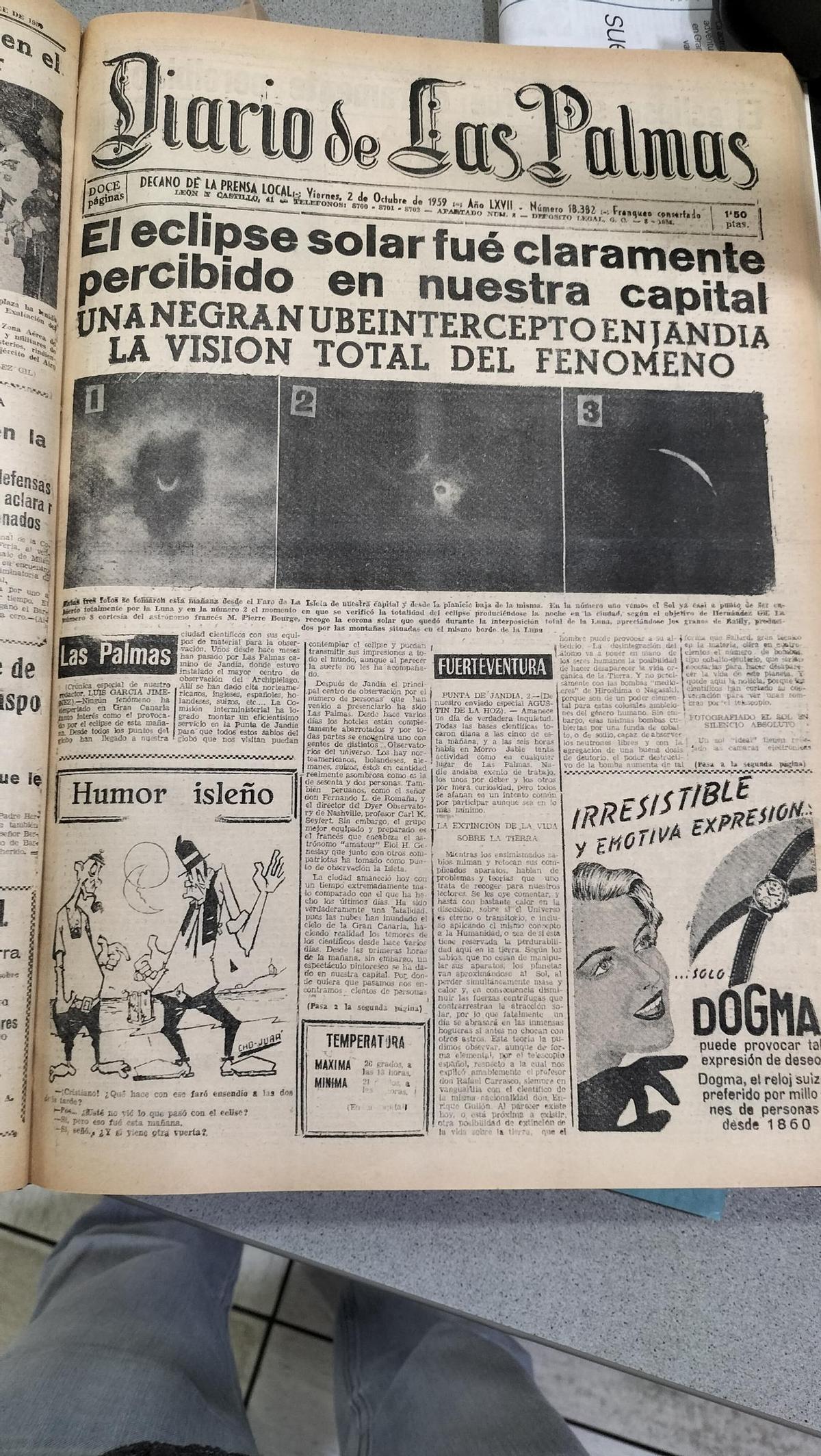 El Diario de Las Palmas relata el eclipse total en Gran Canaria el 2 de octubre de 1959