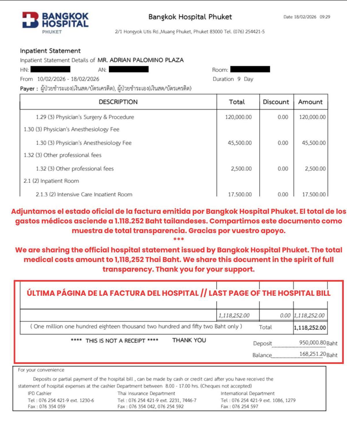 Factura del Hospital Privado de Tailanda en el que Adrián continúa ingresado