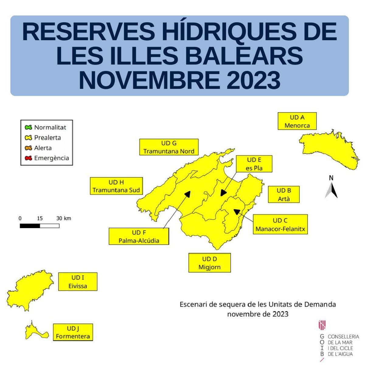 Mapa de las reservas hídricas en Baleares al cierre de noviembre