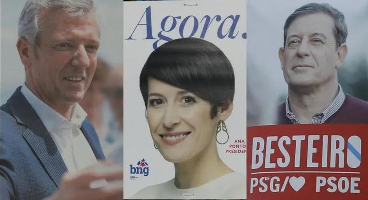 Carteles electorales de los líderes de los tres partidos con representación en el Parlamento de Galicia: Alfonso Rueda, Ana Pontón y Gómez Besteiro