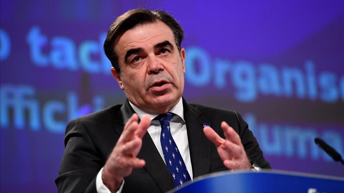 European Commission Vice-President for Promoting our European Way of Life  Margaritis Schinas speaks during a news conference at the EU headquarters in Brussels  Belgium April 14  2021  John Thys Pool via REUTERS