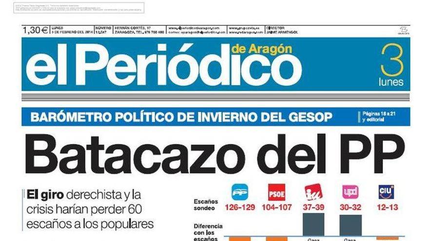 &quot;Batacazo del PP&quot; en la portada de EL PERIÓDICO DE ARAGÓN