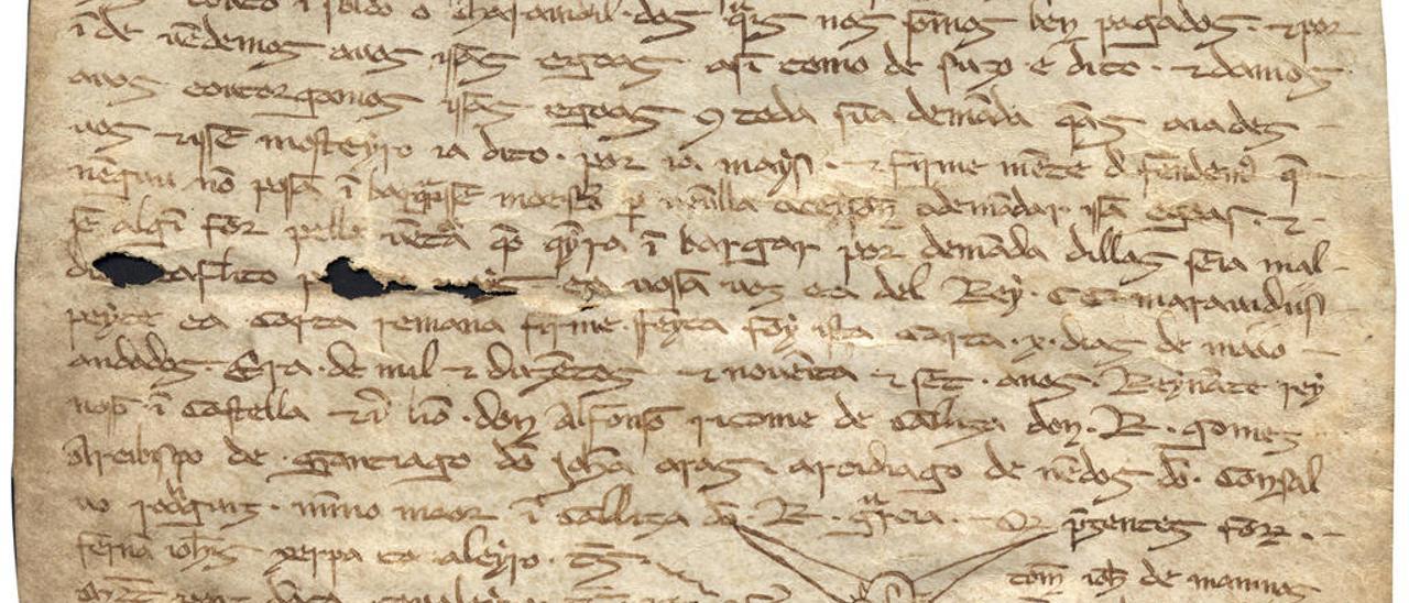 Pergamino gallego de 1259 | Es el más antiguo en lengua gallega de los datados de la colección. Relativo a una venta de yeguas, refleja la introducción notarial del gallego.