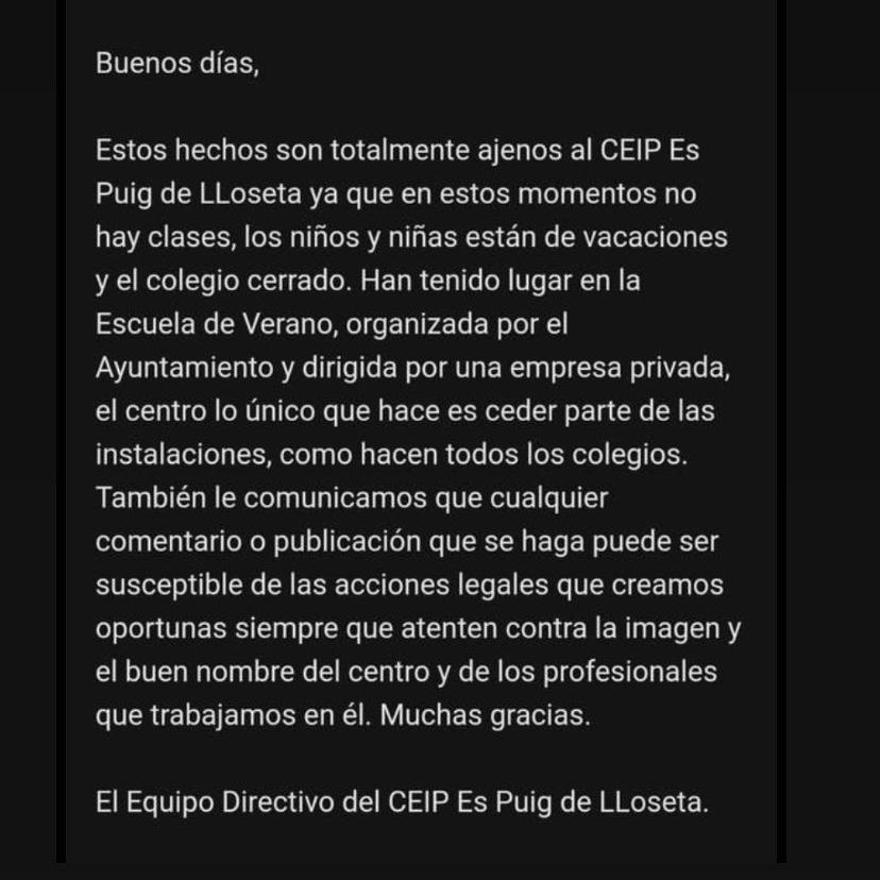 Comunicado del coelgio El Puig