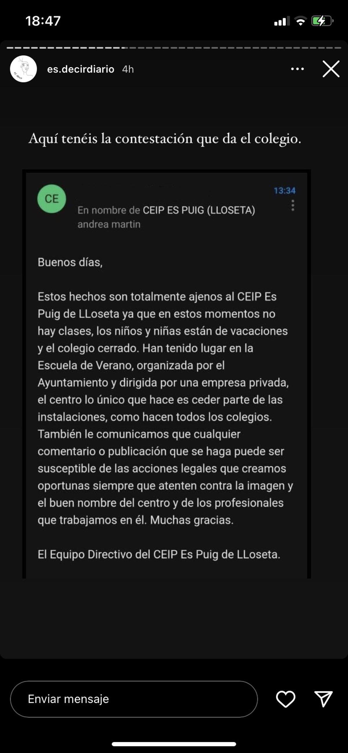 Comunicado del coelgio El Puig