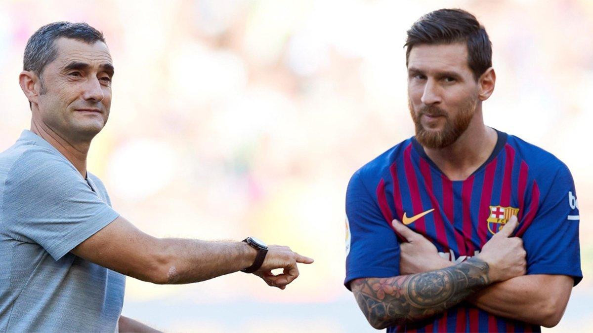 Ernesto Valverde y Leo Messi durante la presentación del Barça 2018/19 en los prolegómenos del Trofeo Joan Gamper