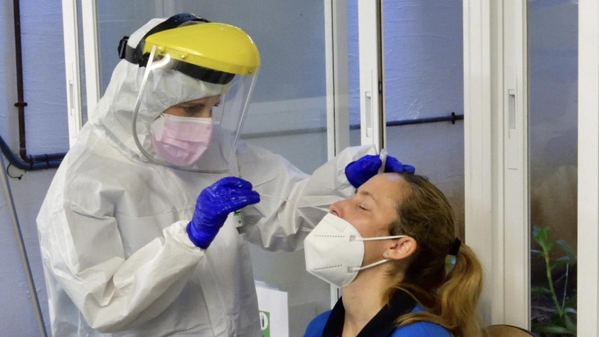 Una empleada de Acosol se somete a una toma de muestras para un test de antígenos.