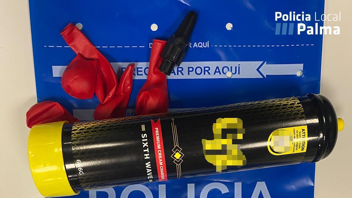 Una botella de óxido nitroso intervenida por la Policía Local de Palma.