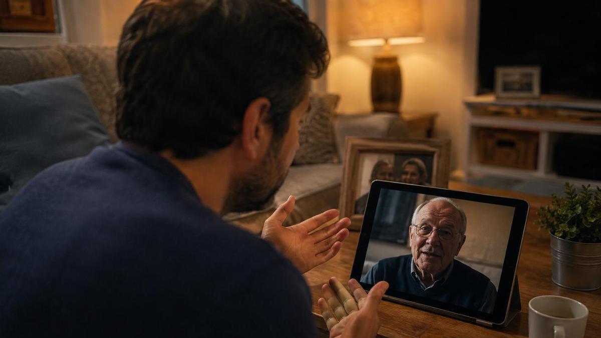 Recreación de un hombre hablando con una versión digital de su padre fallecido.