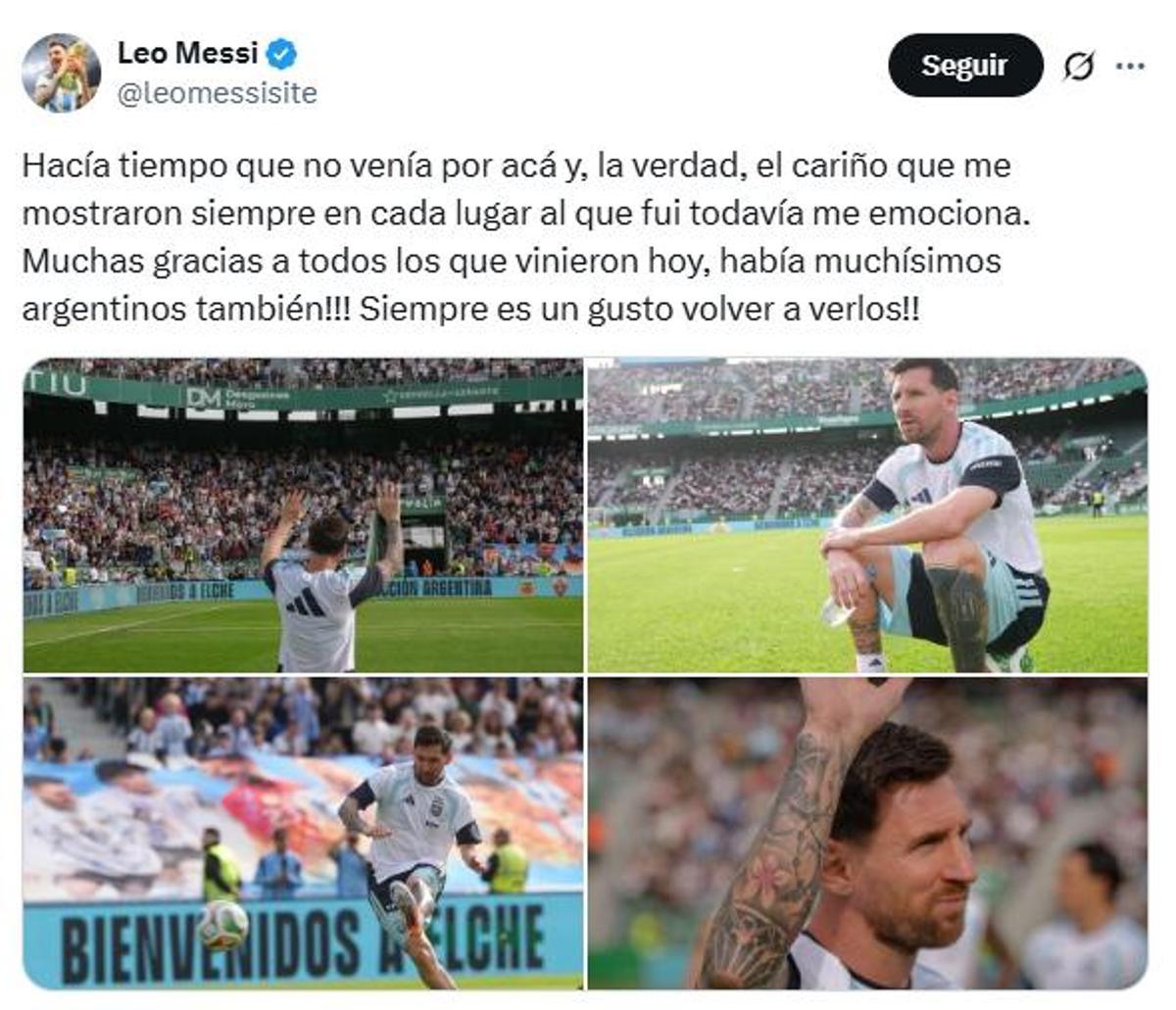 Captura del tuit publicado por Leo Messi tras su estancia en la provincia.