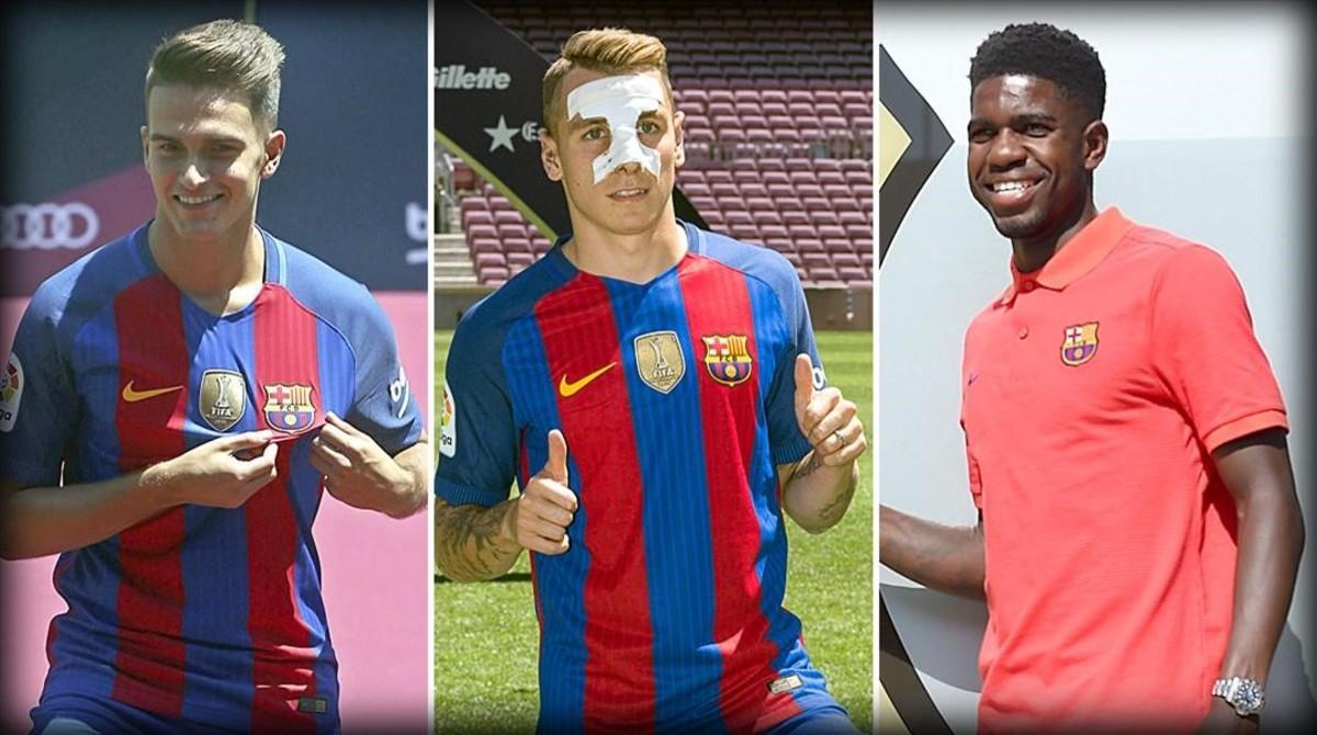 Denis Suárez, Lucas Digne y Samuel Umtiti, los tres nuevos fichajes del Barça.