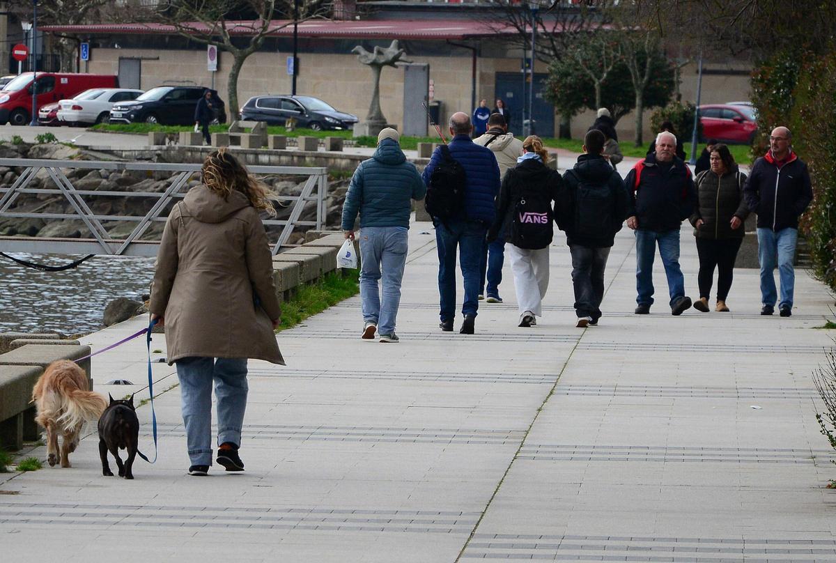 Una mujer pasea con dos perros con correa, como hay que llevar, por el paseo de Rodeira.