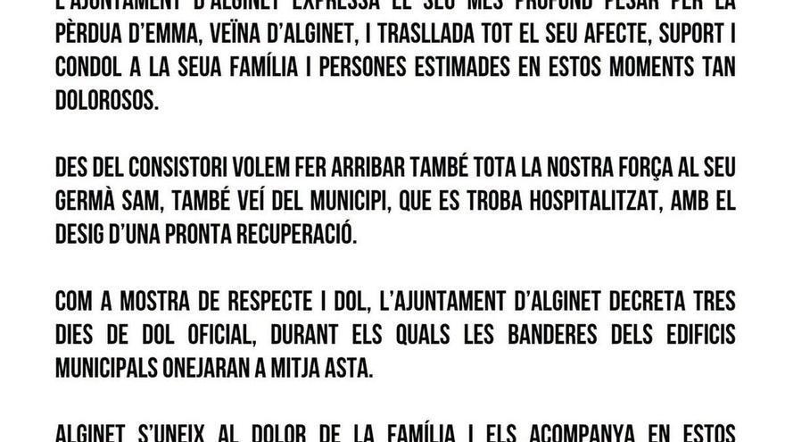 Alginet decreta tres días de luto oficial por la trágica muerte de la niña en el motor de riego de Alzira