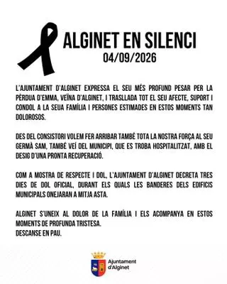 Alginet decreta tres días de luto oficial por la trágica muerte de la niña en el motor de riego de Alzira
