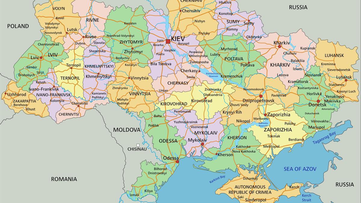 Mapa político de Ucrania: las provincias orientales de Luhansk y Donetsk están bajo control ruso, así como Crimea, mientras la presión actual se centra sobre Kharkiv.