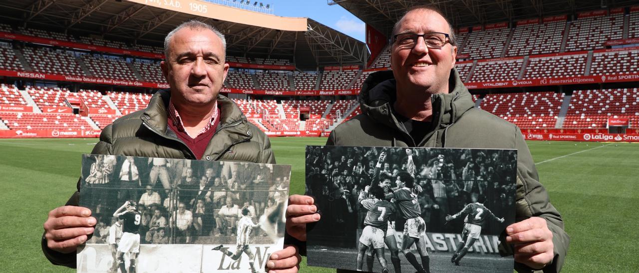 Juanele y Tomás, con la imagen de la celebración de sus goles en un derbi, en El Molinón.