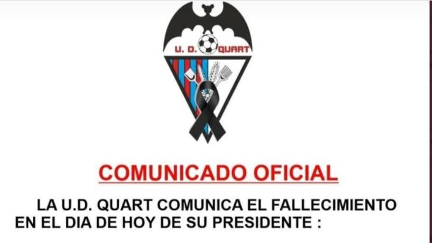 Comunicado oficial de la UD Quart informando de la muerte de Vicente Carrasco