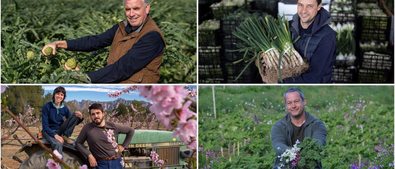 Arriba a la izquierda, Jordi Ametller con alcachofas; al lado, Jesús Pellicer con unos calçots. Abajo, Marta Valls y Josep González en su finca de melocotoneros, y, a la derecha, Josep Mestres en su explotación.