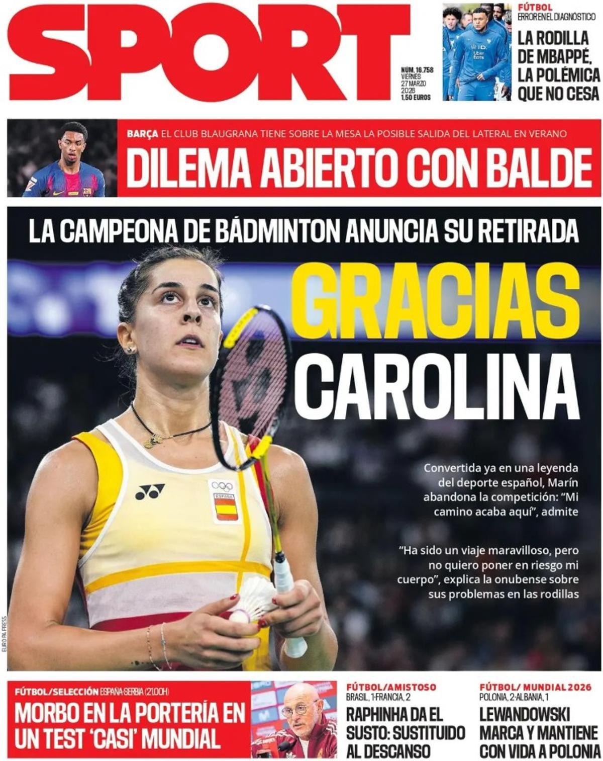 Carolina Marín, protagonista en las portadas de hoy