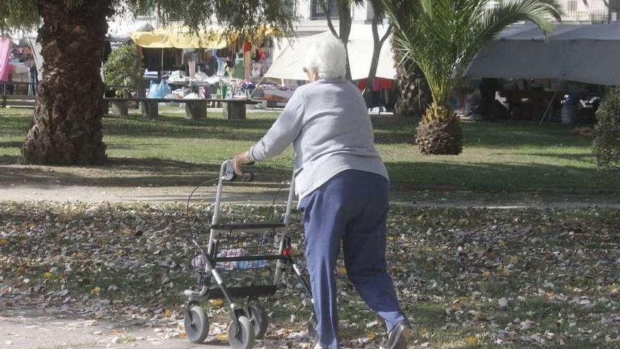 Una mujer camina por un parque con un andador.