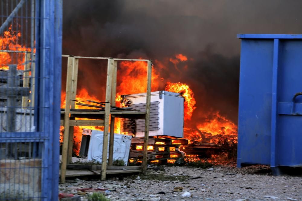 Las imágenes del incendio en un almacén de palés genera una gran columna de humo en Alicante.