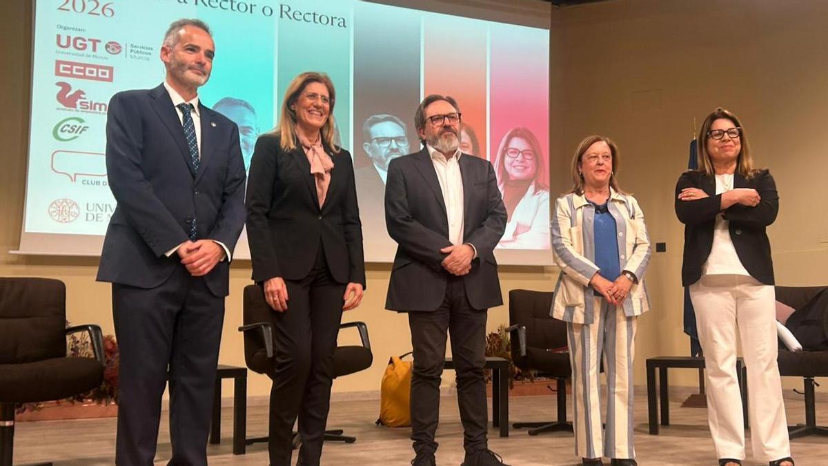 Guillermo Díaz, Senena Corbalán, Samuel Baixauli, Alfonsa García y Alicia Rubio, candidatos al Rectorado en la UMU.
